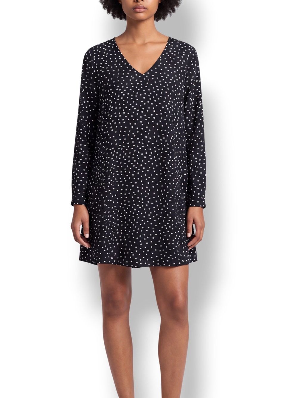 4/$20 Madewell Silk Star Print Mini Shift Dress Black Ivory Long Sleeve XS